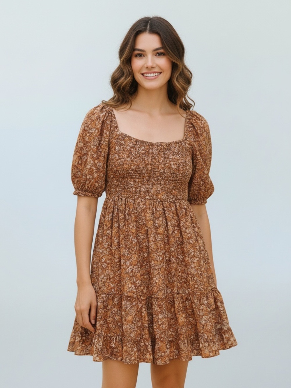 Wild Fable Puff Sleeve Mini Dress Size Small Floral Tiered Fall Brown Pink